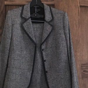 Tahari grey suit with black leather piping